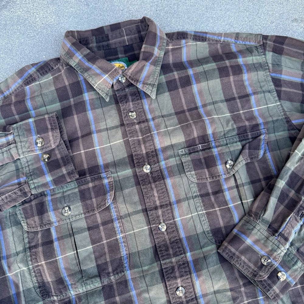 Cabelas Mens Large Plaid Flannel Shirt Green Brown Long Sleeve Elbow Patches L